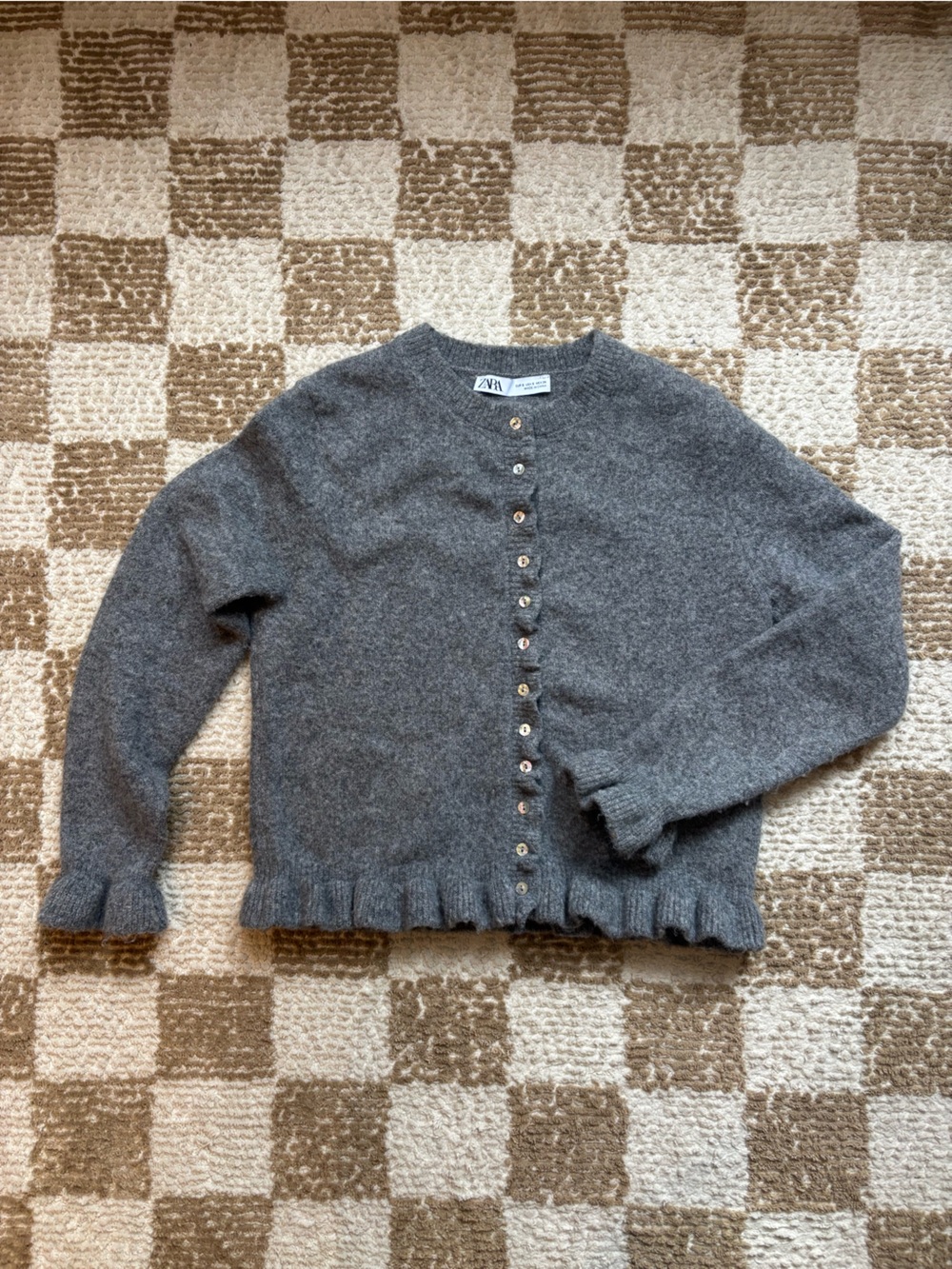 Zara Gray Knit Button-Up Cardigan with Ruffle